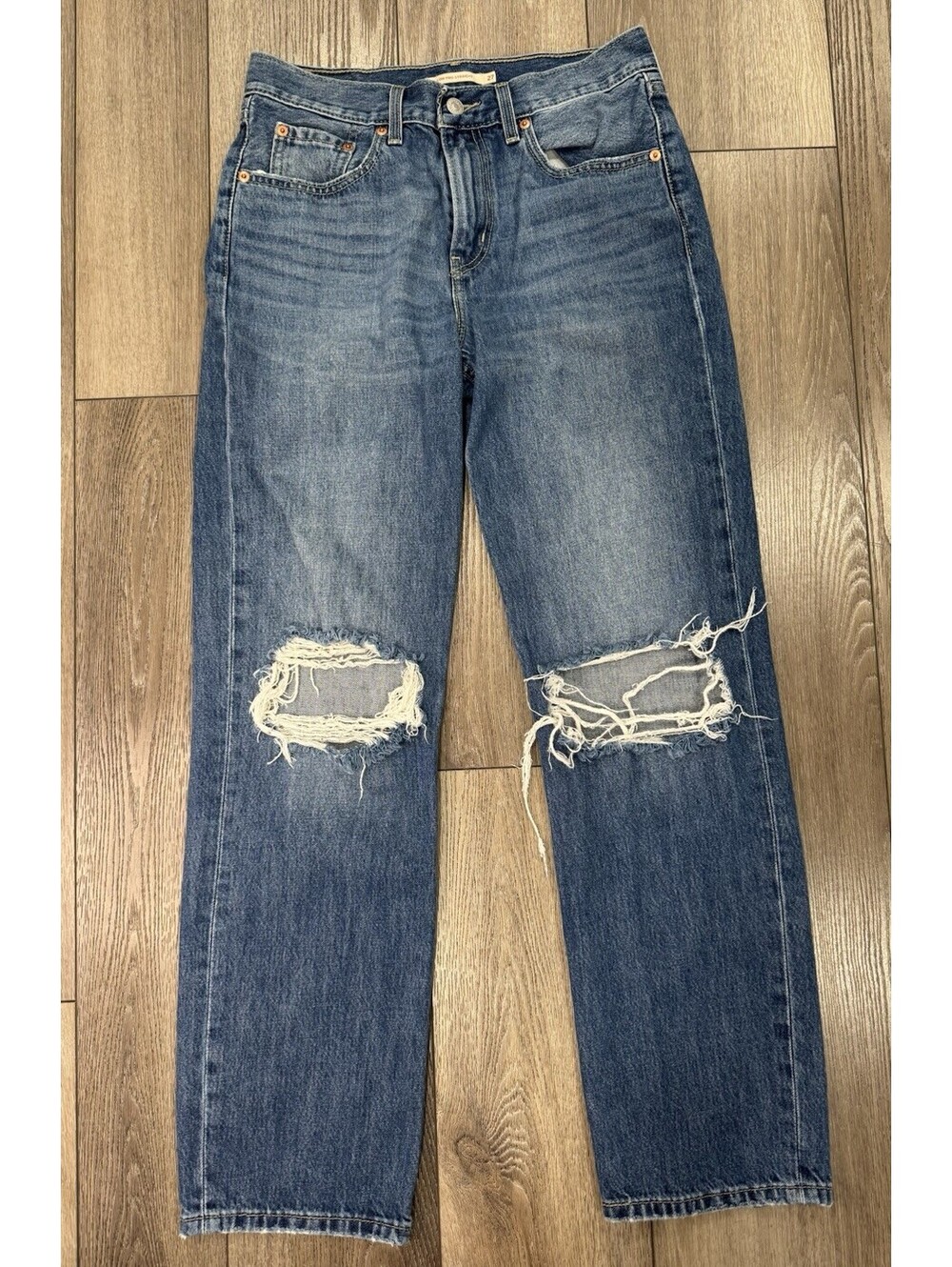 Levis Premium Low Pro Jeans Womens 27 Blue Straight Leg Relaxed Ripped